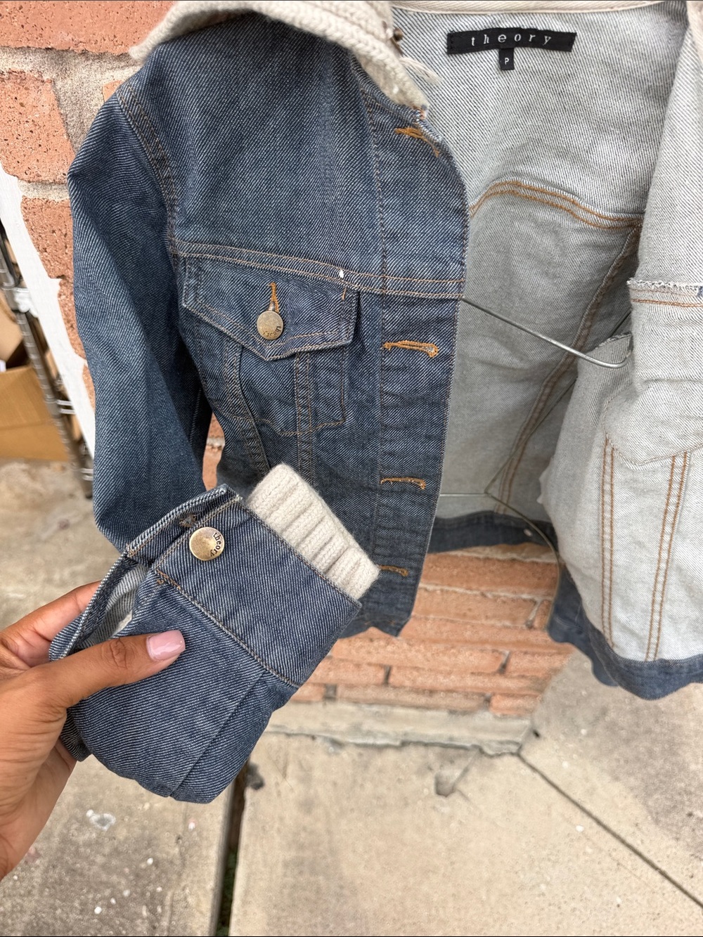 Theory Indigo Denim Jacket with Cream Knit Collar - Picture 4 of 7